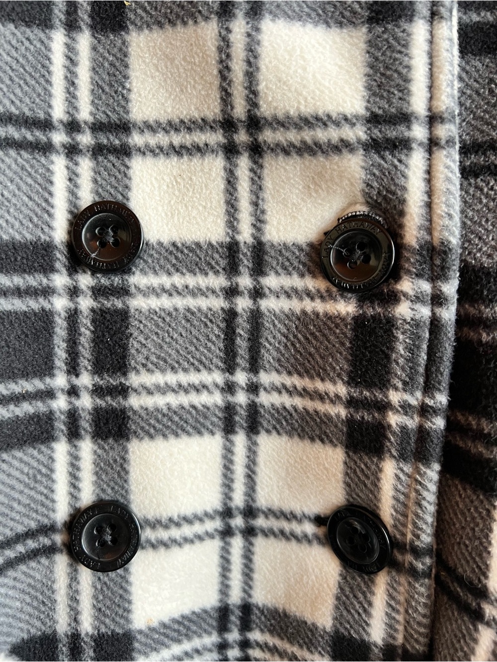 Lady Hathaway Plaid Coat Large Black White Belted Double Breasted Peacoat - Picture 4 of 9
